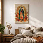 Honor your faith with this Our Lady of Guadalupe Wall Art, featuring a radiant gold halo, elegant floral accents, and warm, timeless colors. This beautiful Catholic canvas print creates a peaceful focal point for prayer rooms, living spaces, churches, or as a meaningful religious gift.