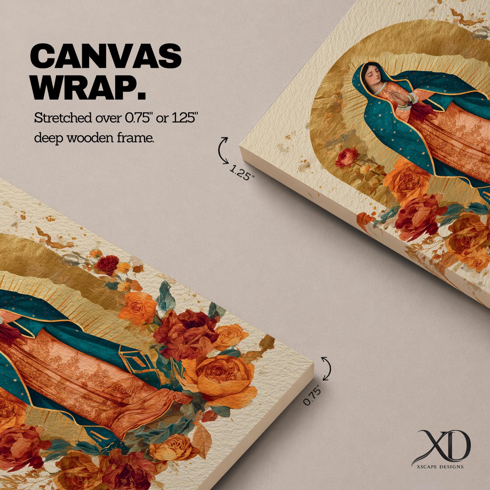 Honor your faith with this Our Lady of Guadalupe Wall Art, featuring a radiant gold halo, elegant floral accents, and warm, timeless colors. This beautiful Catholic canvas print creates a peaceful focal point for prayer rooms, living spaces, churches, or as a meaningful religious gift.