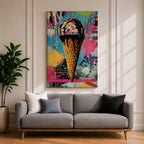 Colorful abstract painting of an ice cream cone with dripping chocolate on a vibrant splattered background featuring bright blues, pinks, yellows, and greens in a street art style.