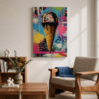 Colorful abstract painting of an ice cream cone with dripping chocolate on a vibrant splattered background featuring bright blues, pinks, yellows, and greens in a street art style.