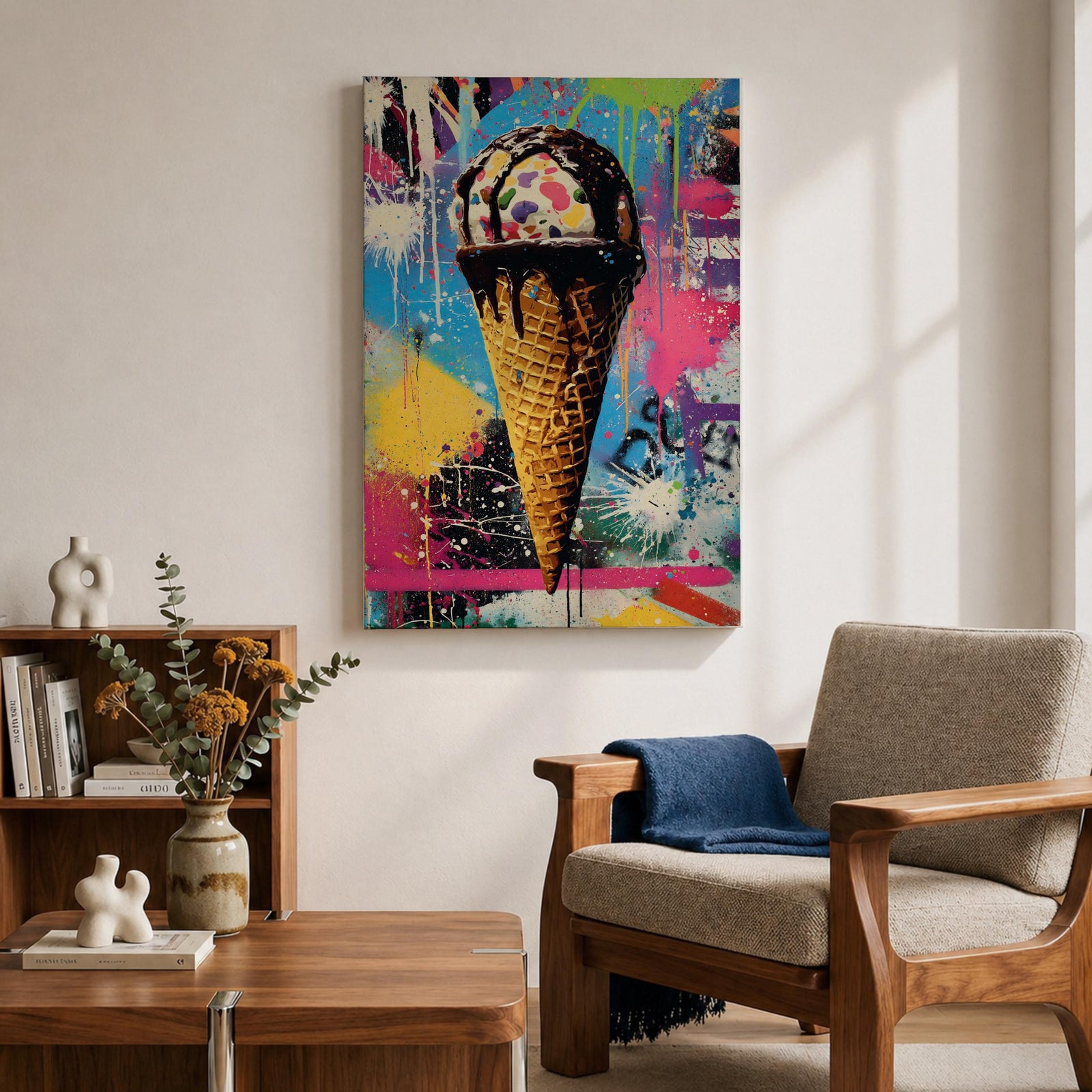 Colorful abstract painting of an ice cream cone with dripping chocolate on a vibrant splattered background featuring bright blues, pinks, yellows, and greens in a street art style.
