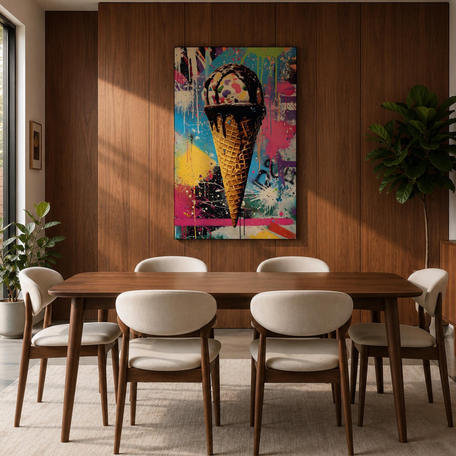 Colorful abstract painting of an ice cream cone with dripping chocolate on a vibrant splattered background featuring bright blues, pinks, yellows, and greens in a street art style.
