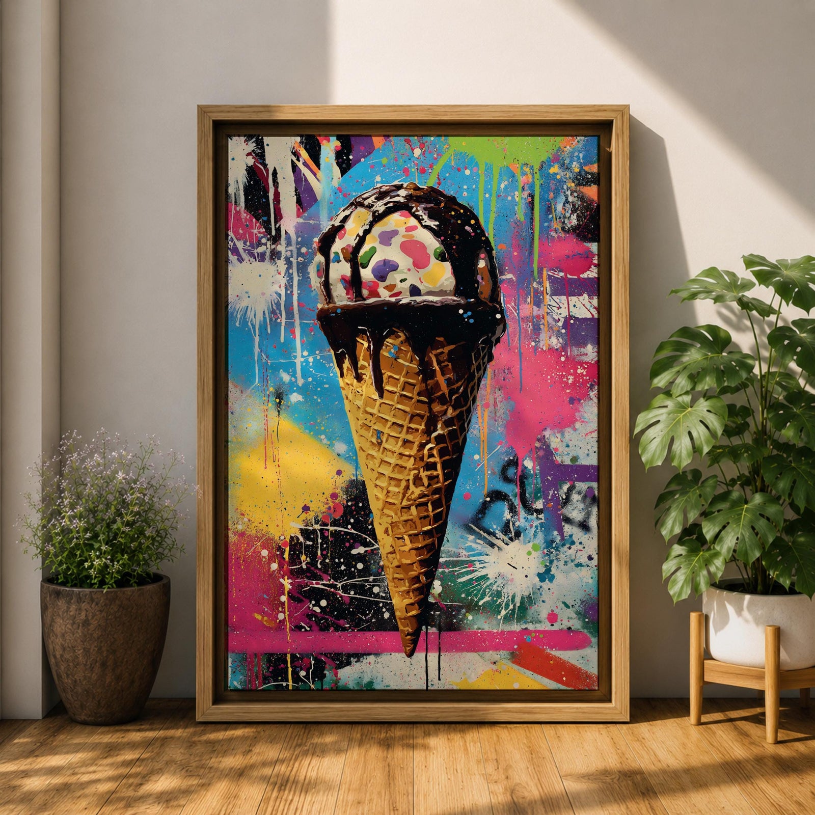 Colorful abstract painting of an ice cream cone with dripping chocolate on a vibrant splattered background featuring bright blues, pinks, yellows, and greens in a street art style.