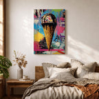 Colorful abstract painting of an ice cream cone with dripping chocolate on a vibrant splattered background featuring bright blues, pinks, yellows, and greens in a street art style.