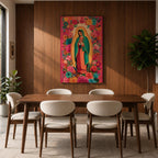 Virgin Mary wall art featuring Our Lady of Guadalupe surrounded by a vibrant floral garden of blooming roses and colorful flowers. This Christian artwork combines sacred devotion with botanical beauty, creating an uplifting religious centerpiece for a prayer room or faith-filled home.