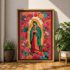 Virgin Mary wall art featuring Our Lady of Guadalupe surrounded by a vibrant floral garden of blooming roses and colorful flowers. This Christian artwork combines sacred devotion with botanical beauty, creating an uplifting religious centerpiece for a prayer room or faith-filled home.