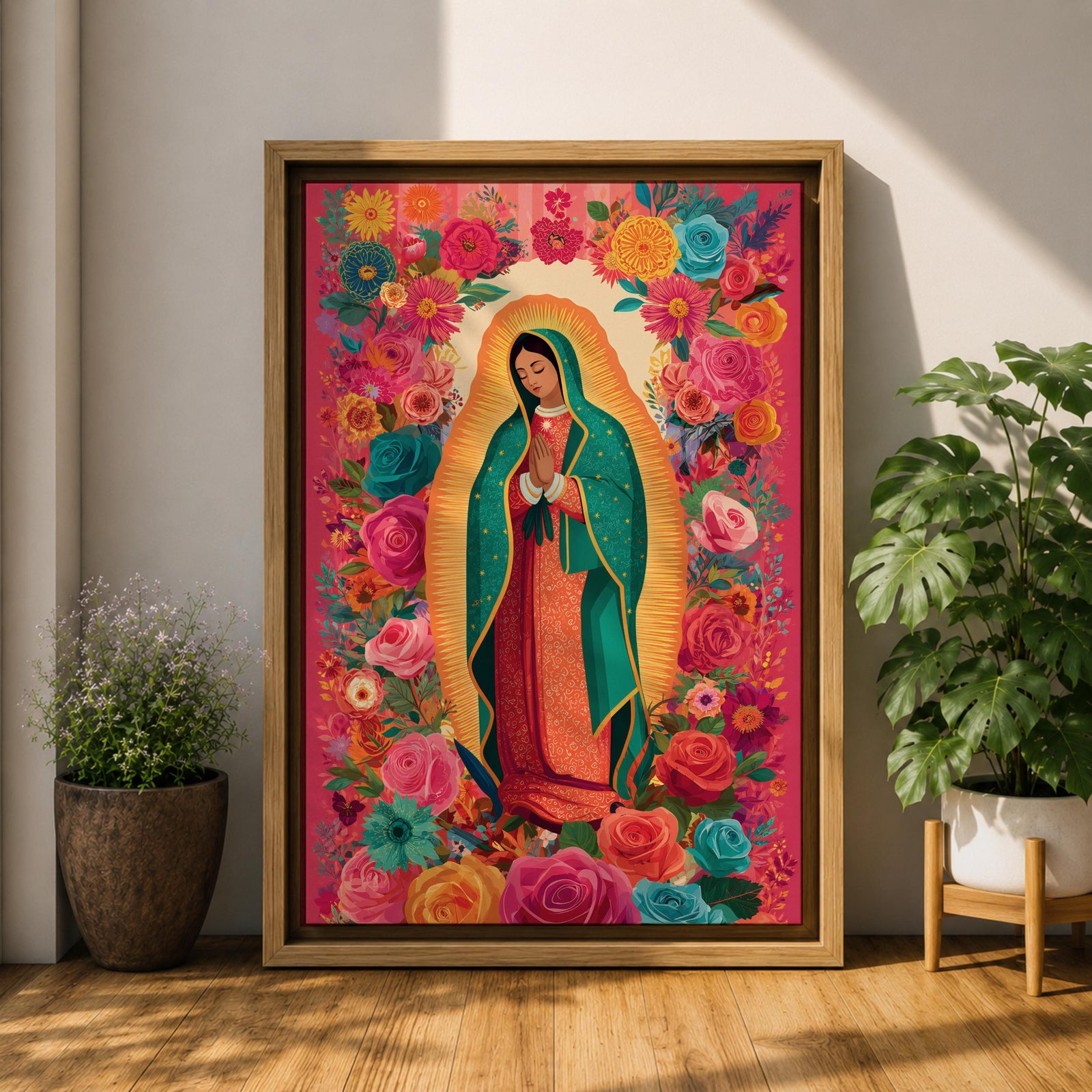 Virgin Mary wall art featuring Our Lady of Guadalupe surrounded by a vibrant floral garden of blooming roses and colorful flowers. This Christian artwork combines sacred devotion with botanical beauty, creating an uplifting religious centerpiece for a prayer room or faith-filled home.