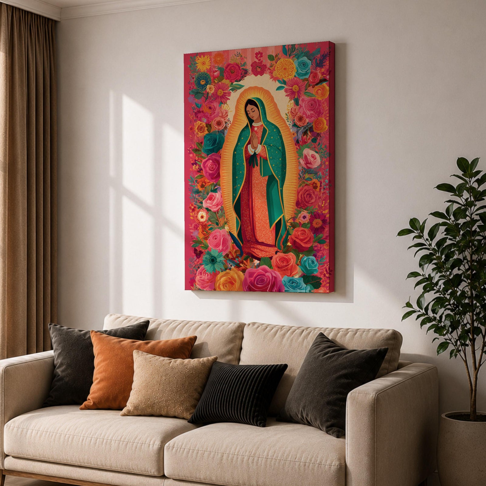 Virgin Mary wall art featuring Our Lady of Guadalupe surrounded by a vibrant floral garden of blooming roses and colorful flowers. This Christian artwork combines sacred devotion with botanical beauty, creating an uplifting religious centerpiece for a prayer room or faith-filled home.