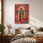 Virgin Mary wall art featuring Our Lady of Guadalupe surrounded by a vibrant floral garden of blooming roses and colorful flowers. This Christian artwork combines sacred devotion with botanical beauty, creating an uplifting religious centerpiece for a prayer room or faith-filled home.