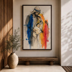 Holy Family wall art featuring Mary, Joseph, and baby Jesus in a tender embrace. This watercolor-style Christian artwork uses expressive sketch lines and soft flowing details to portray faith, love, protection, and the sacred bond of the Nativity story.