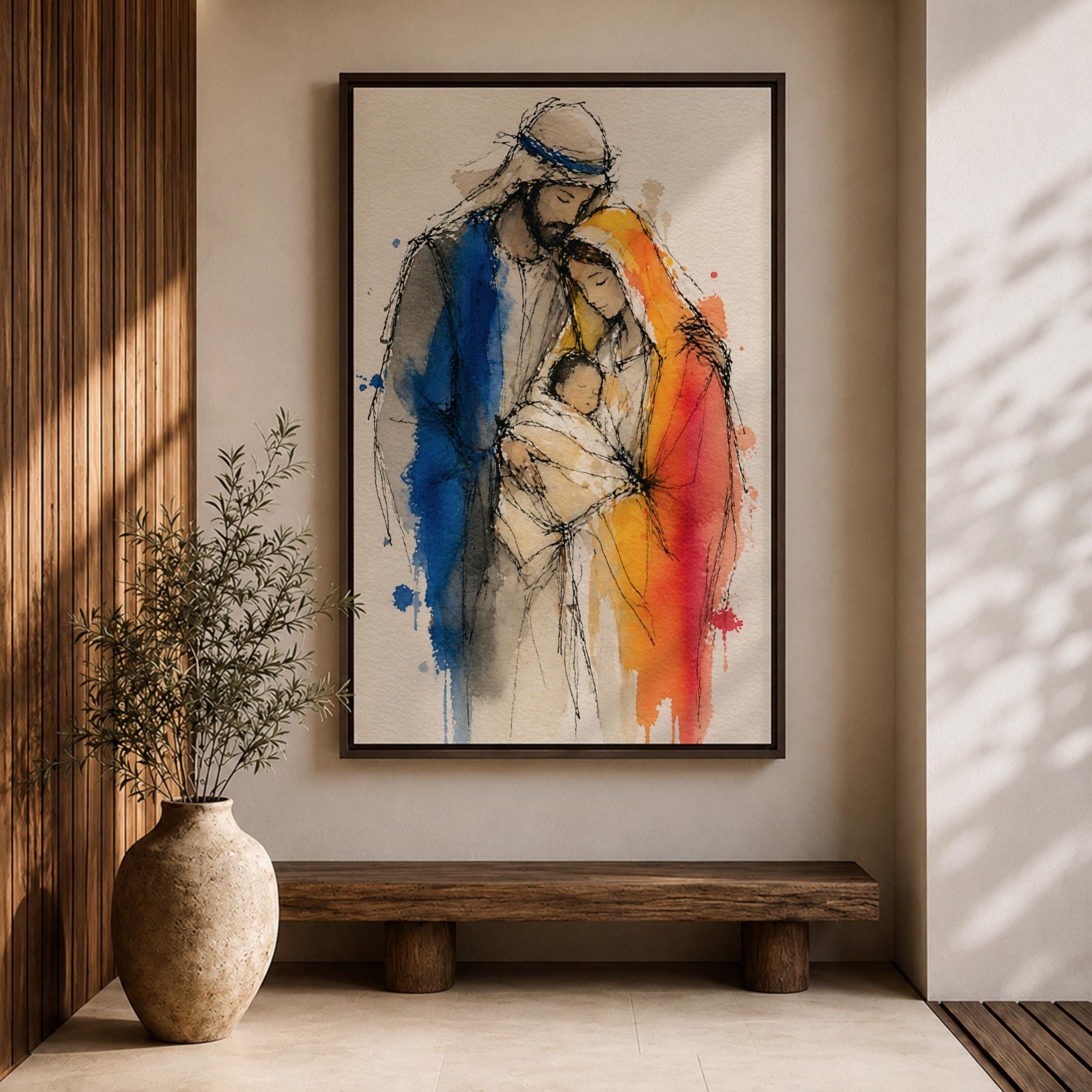 Holy Family wall art featuring Mary, Joseph, and baby Jesus in a tender embrace. This watercolor-style Christian artwork uses expressive sketch lines and soft flowing details to portray faith, love, protection, and the sacred bond of the Nativity story.