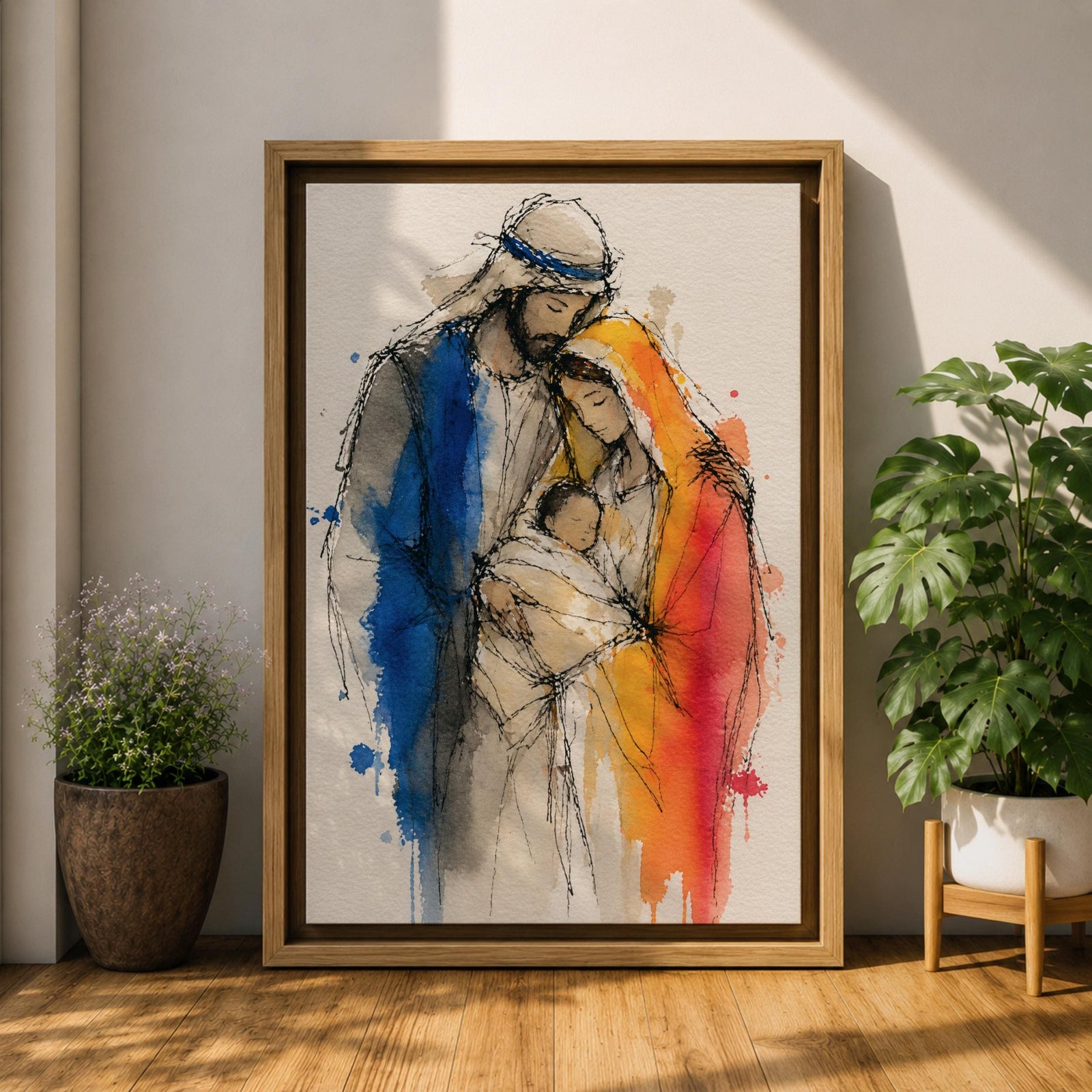 Holy Family wall art featuring Mary, Joseph, and baby Jesus in a tender embrace. This watercolor-style Christian artwork uses expressive sketch lines and soft flowing details to portray faith, love, protection, and the sacred bond of the Nativity story.