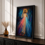 Divine Mercy wall art featuring Jesus Christ with a raised blessing hand and radiant mercy rays flowing from His chest. This Christian religious artwork combines spiritual symbolism, luminous light, and expressive details to create a peaceful devotional focal point.