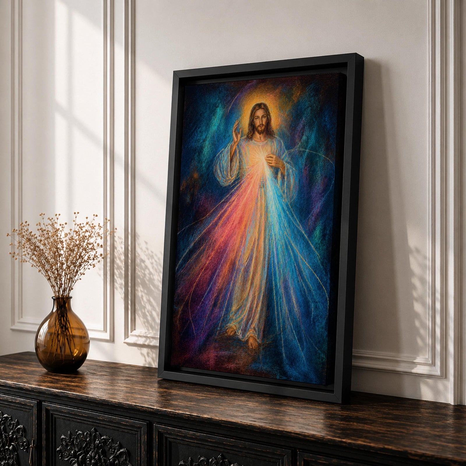 Divine Mercy wall art featuring Jesus Christ with a raised blessing hand and radiant mercy rays flowing from His chest. This Christian religious artwork combines spiritual symbolism, luminous light, and expressive details to create a peaceful devotional focal point.
