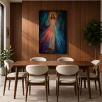 Divine Mercy wall art featuring Jesus Christ with a raised blessing hand and radiant mercy rays flowing from His chest. This Christian religious artwork combines spiritual symbolism, luminous light, and expressive details to create a peaceful devotional focal point.