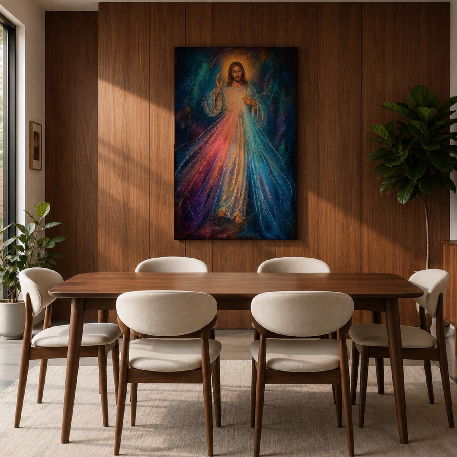 Divine Mercy wall art featuring Jesus Christ with a raised blessing hand and radiant mercy rays flowing from His chest. This Christian religious artwork combines spiritual symbolism, luminous light, and expressive details to create a peaceful devotional focal point.