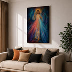 Divine Mercy wall art featuring Jesus Christ with a raised blessing hand and radiant mercy rays flowing from His chest. This Christian religious artwork combines spiritual symbolism, luminous light, and expressive details to create a peaceful devotional focal point.