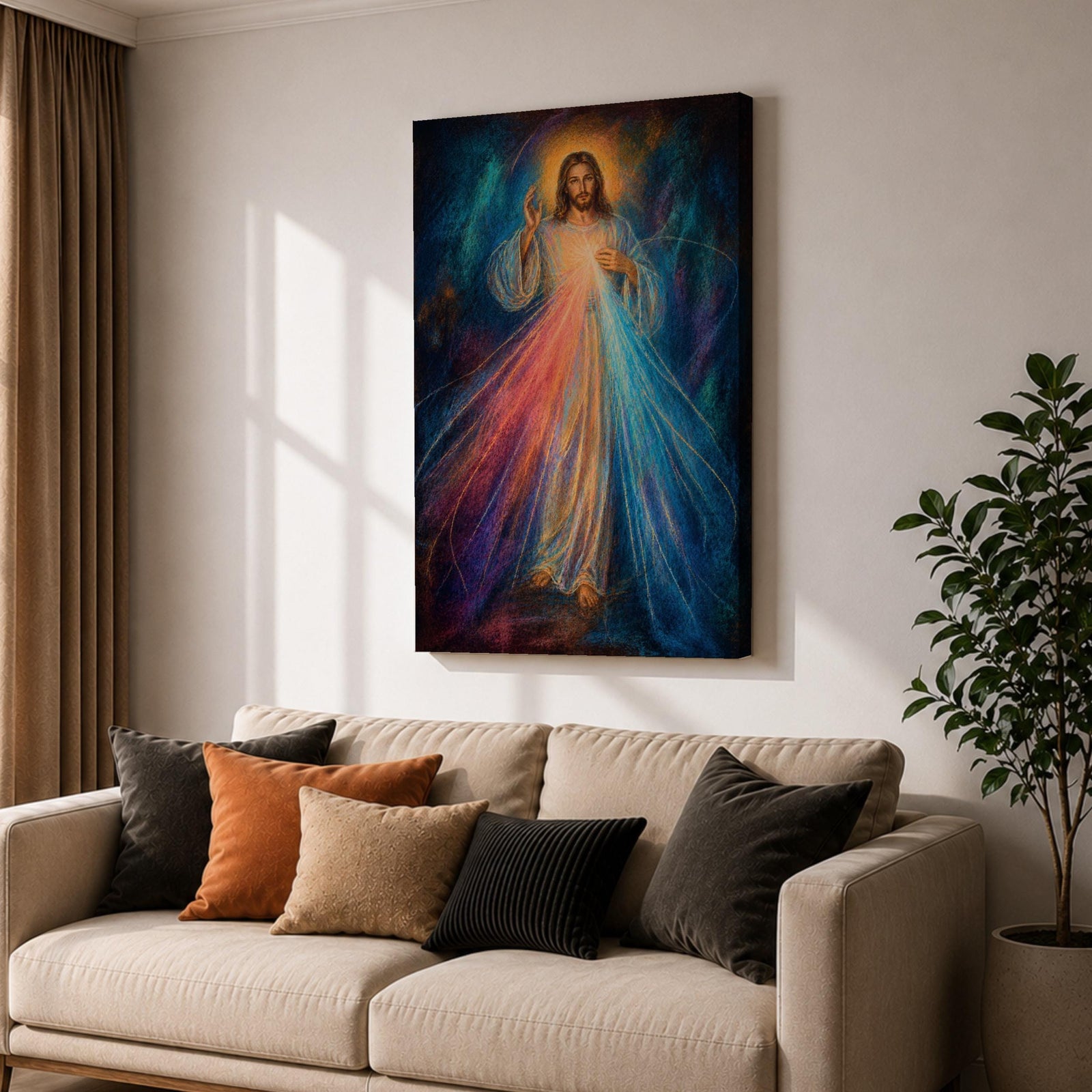 Divine Mercy wall art featuring Jesus Christ with a raised blessing hand and radiant mercy rays flowing from His chest. This Christian religious artwork combines spiritual symbolism, luminous light, and expressive details to create a peaceful devotional focal point.