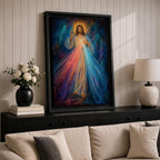 Divine Mercy wall art featuring Jesus Christ with a raised blessing hand and radiant mercy rays flowing from His chest. This Christian religious artwork combines spiritual symbolism, luminous light, and expressive details to create a peaceful devotional focal point.