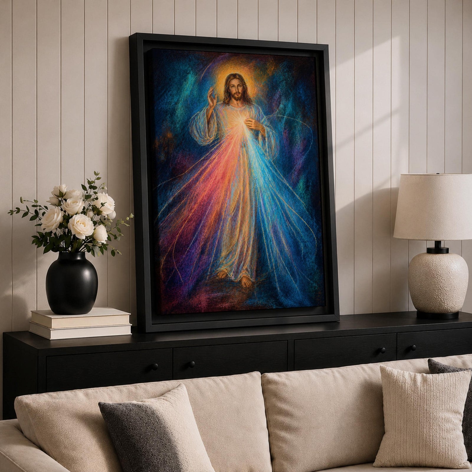 Divine Mercy wall art featuring Jesus Christ with a raised blessing hand and radiant mercy rays flowing from His chest. This Christian religious artwork combines spiritual symbolism, luminous light, and expressive details to create a peaceful devotional focal point.