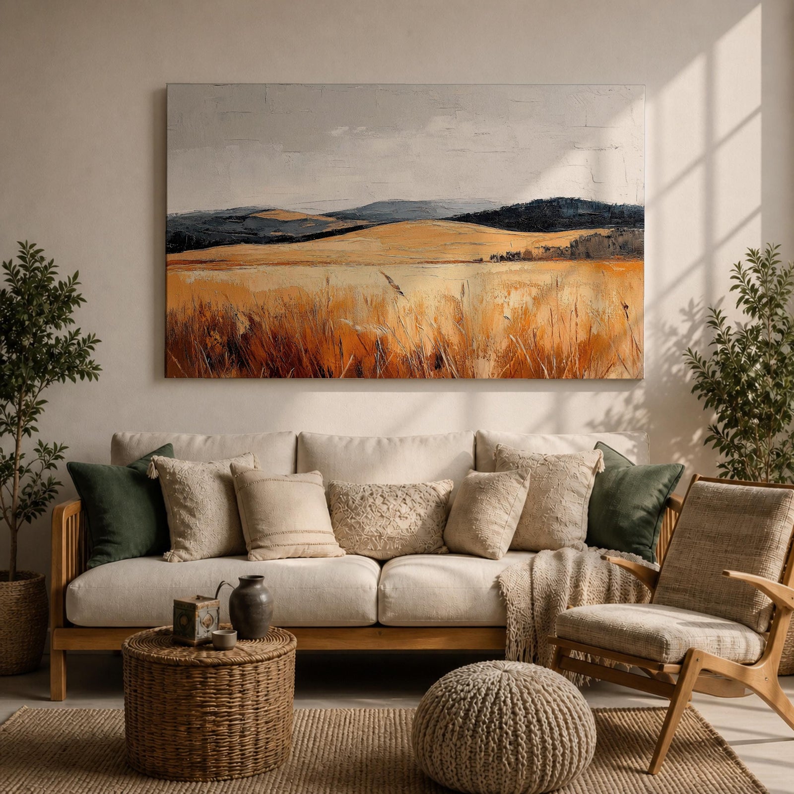 A vintage-style framed canvas painting depicting a vast landscape of golden fields and rolling hills under a muted sky. The textured brushstrokes emphasize the natural prairie scene with tall grasses in the foreground and distant hills, capturing a serene rural environment.