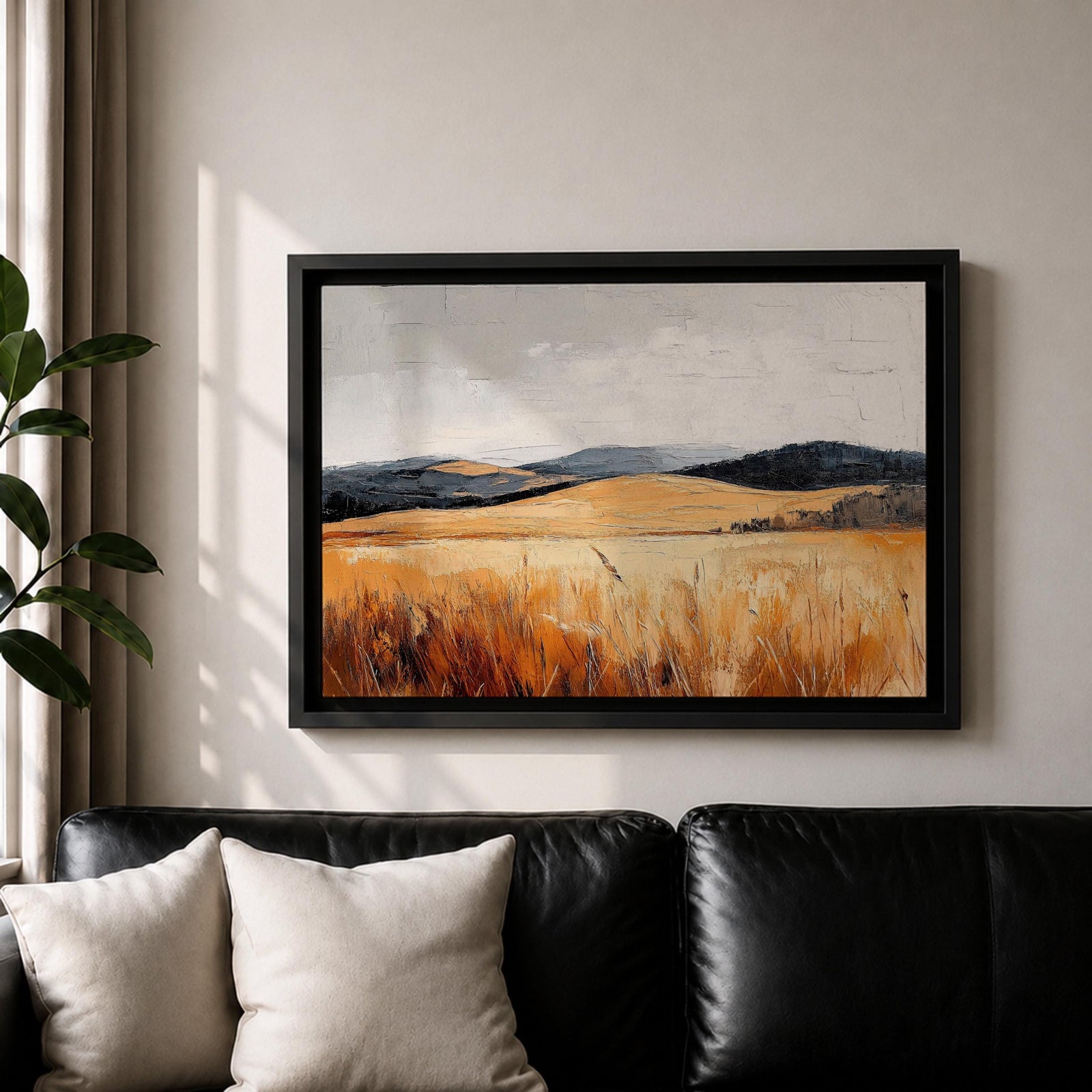 A vintage-style framed canvas painting depicting a vast landscape of golden fields and rolling hills under a muted sky. The textured brushstrokes emphasize the natural prairie scene with tall grasses in the foreground and distant hills, capturing a serene rural environment.