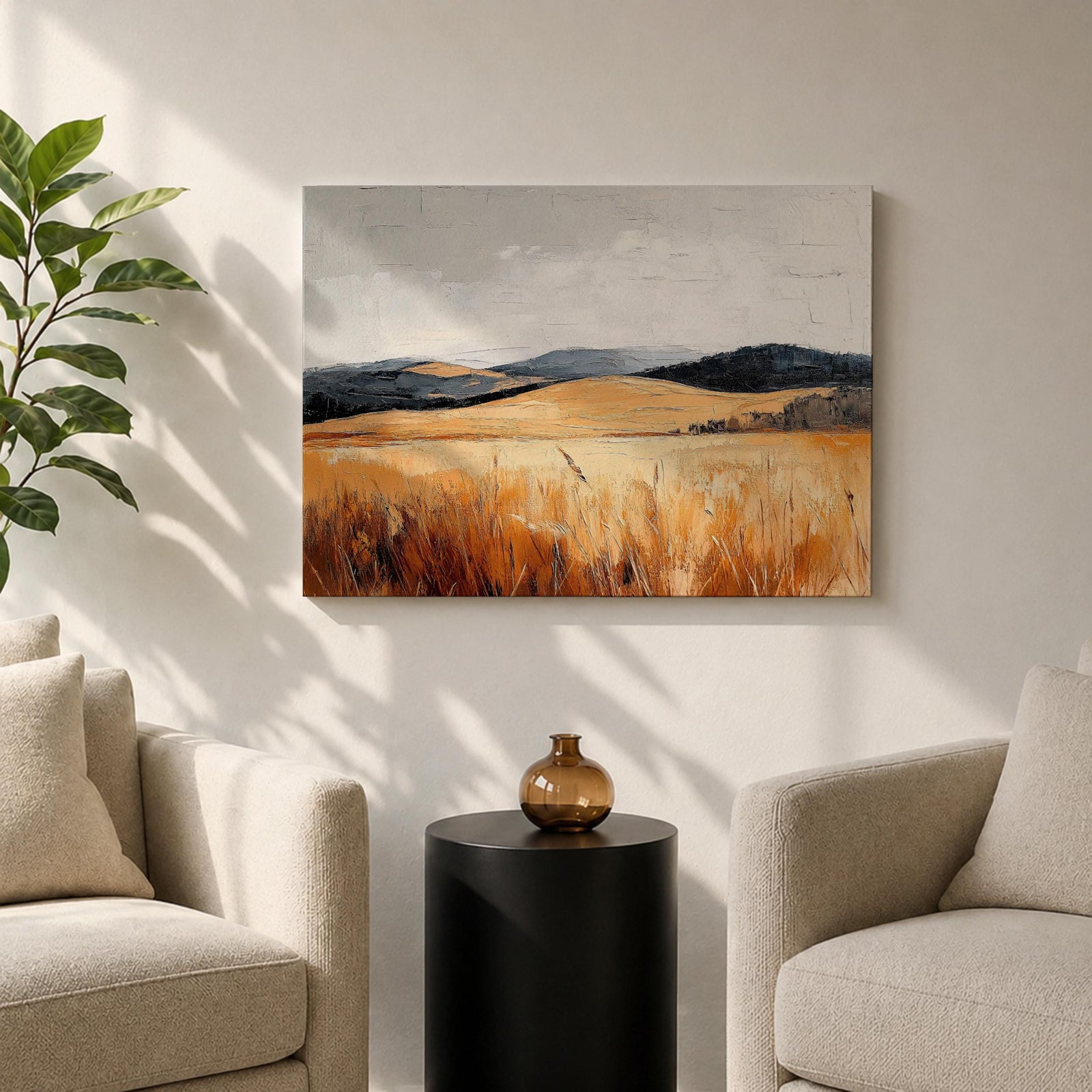 A vintage-style framed canvas painting depicting a vast landscape of golden fields and rolling hills under a muted sky. The textured brushstrokes emphasize the natural prairie scene with tall grasses in the foreground and distant hills, capturing a serene rural environment.