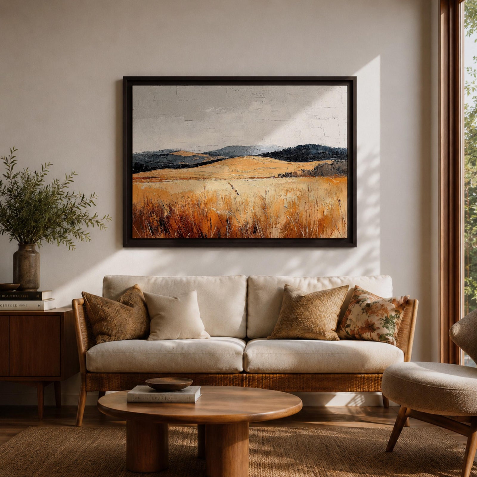 A vintage-style framed canvas painting depicting a vast landscape of golden fields and rolling hills under a muted sky. The textured brushstrokes emphasize the natural prairie scene with tall grasses in the foreground and distant hills, capturing a serene rural environment.