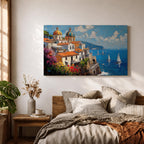 An impasto oil painting depicting the Amalfi Coast with white buildings topped by domes and orange roofs perched on cliffs overlooking a vibrant blue sea dotted with sailboats under a partly cloudy sky, rendered in thick textured brushstrokes capturing the Mediterranean coastal landscape.