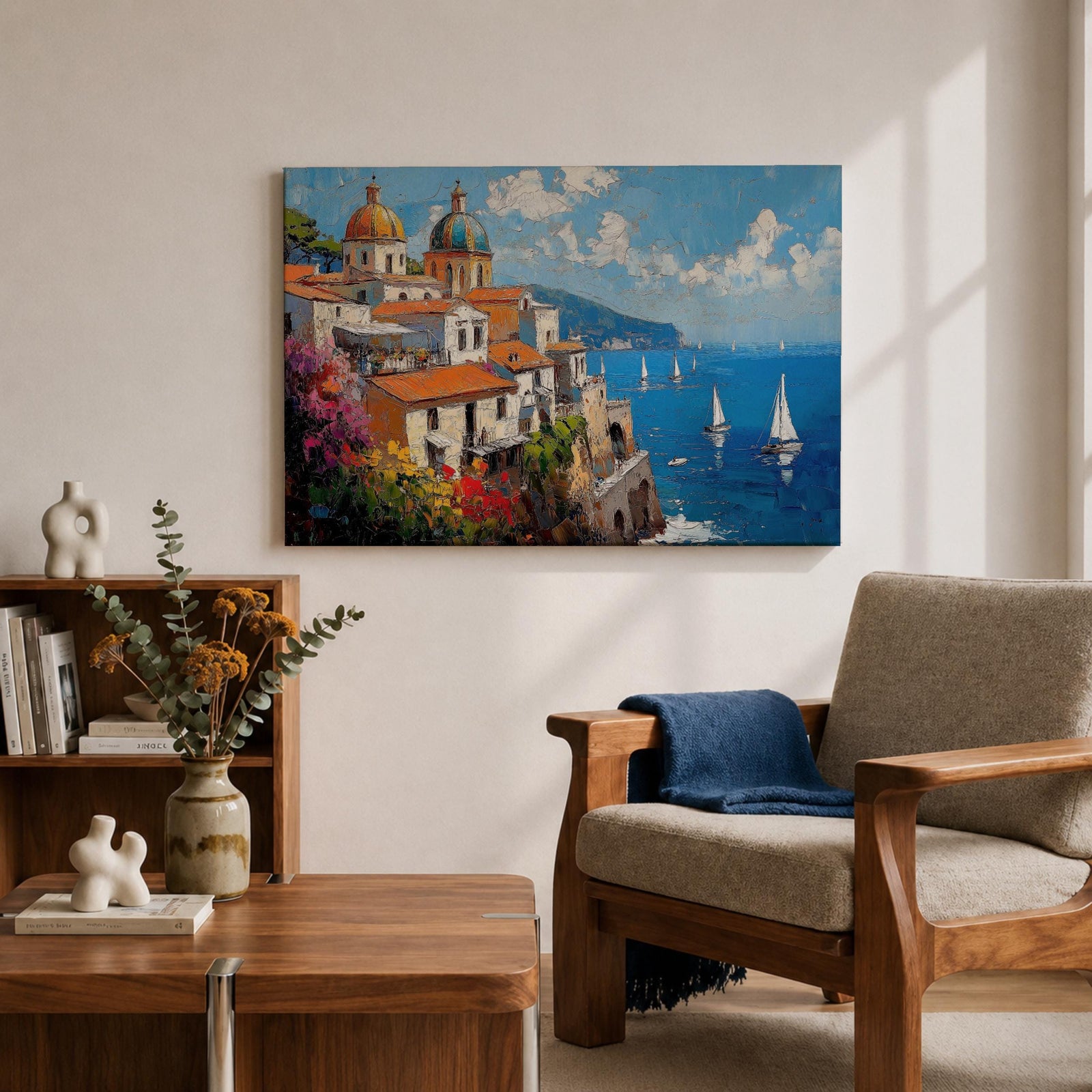 An impasto oil painting depicting the Amalfi Coast with white buildings topped by domes and orange roofs perched on cliffs overlooking a vibrant blue sea dotted with sailboats under a partly cloudy sky, rendered in thick textured brushstrokes capturing the Mediterranean coastal landscape.