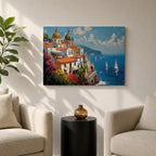 An impasto oil painting depicting the Amalfi Coast with white buildings topped by domes and orange roofs perched on cliffs overlooking a vibrant blue sea dotted with sailboats under a partly cloudy sky, rendered in thick textured brushstrokes capturing the Mediterranean coastal landscape.