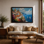 An impasto oil painting depicting the Amalfi Coast with white buildings topped by domes and orange roofs perched on cliffs overlooking a vibrant blue sea dotted with sailboats under a partly cloudy sky, rendered in thick textured brushstrokes capturing the Mediterranean coastal landscape.