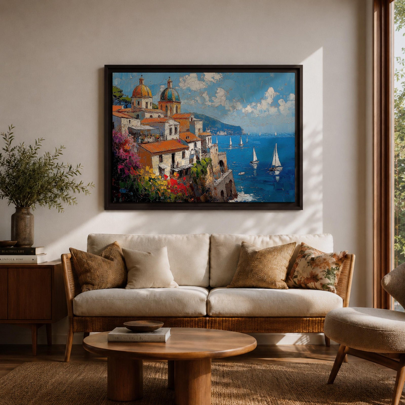 An impasto oil painting depicting the Amalfi Coast with white buildings topped by domes and orange roofs perched on cliffs overlooking a vibrant blue sea dotted with sailboats under a partly cloudy sky, rendered in thick textured brushstrokes capturing the Mediterranean coastal landscape.