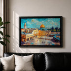 Impasto style painting depicting the Dome of the Rock with its golden dome rising above the Temple Mount in Jerusalem, surrounded by historic stone buildings, courtyards, and mosque structures, rendered with expressive textured brush strokes and a vivid blue sky highlighting the Masjid Al Aqsa complex skyline.