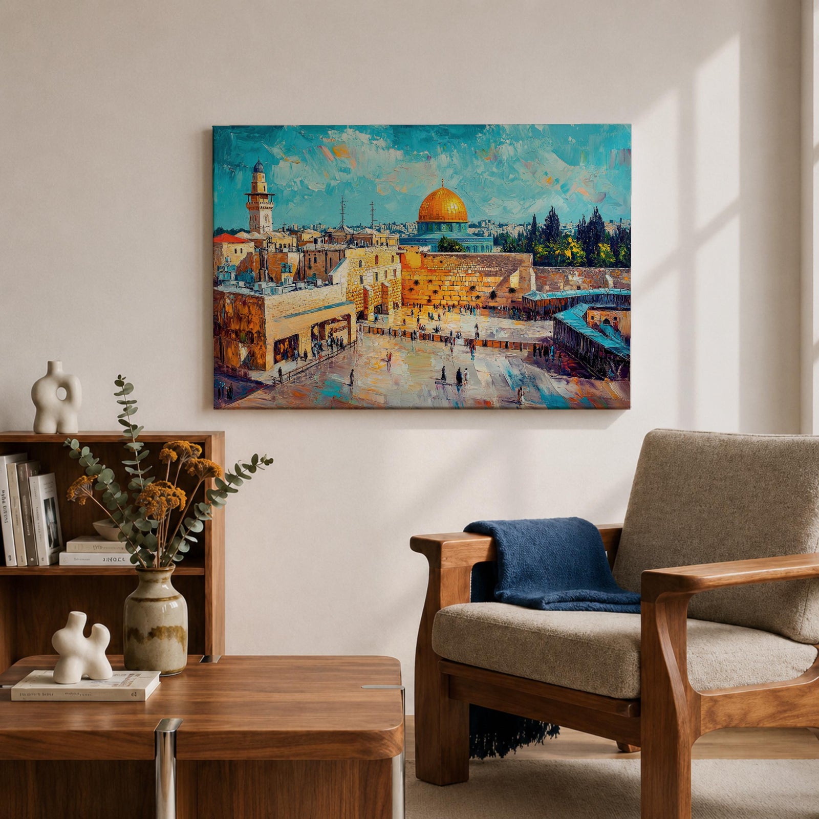 Impasto style painting depicting the Dome of the Rock with its golden dome rising above the Temple Mount in Jerusalem, surrounded by historic stone buildings, courtyards, and mosque structures, rendered with expressive textured brush strokes and a vivid blue sky highlighting the Masjid Al Aqsa complex skyline.