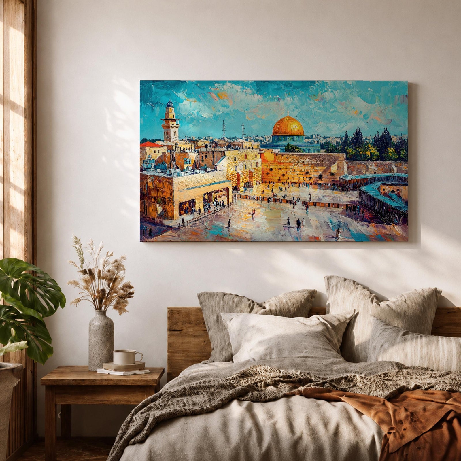 Impasto style painting depicting the Dome of the Rock with its golden dome rising above the Temple Mount in Jerusalem, surrounded by historic stone buildings, courtyards, and mosque structures, rendered with expressive textured brush strokes and a vivid blue sky highlighting the Masjid Al Aqsa complex skyline.