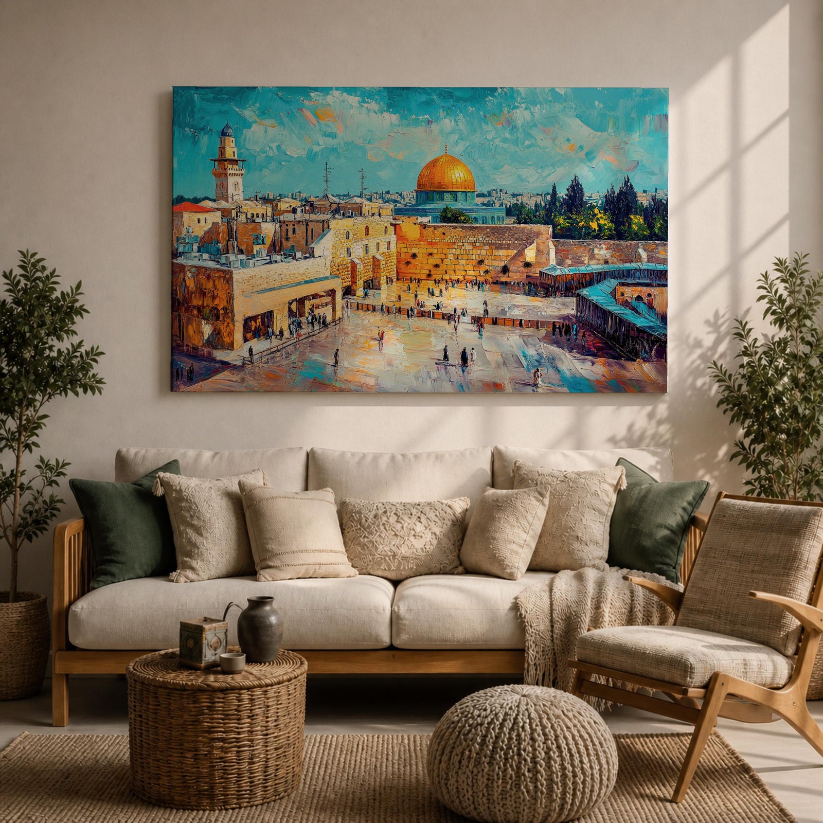 Impasto style painting depicting the Dome of the Rock with its golden dome rising above the Temple Mount in Jerusalem, surrounded by historic stone buildings, courtyards, and mosque structures, rendered with expressive textured brush strokes and a vivid blue sky highlighting the Masjid Al Aqsa complex skyline.