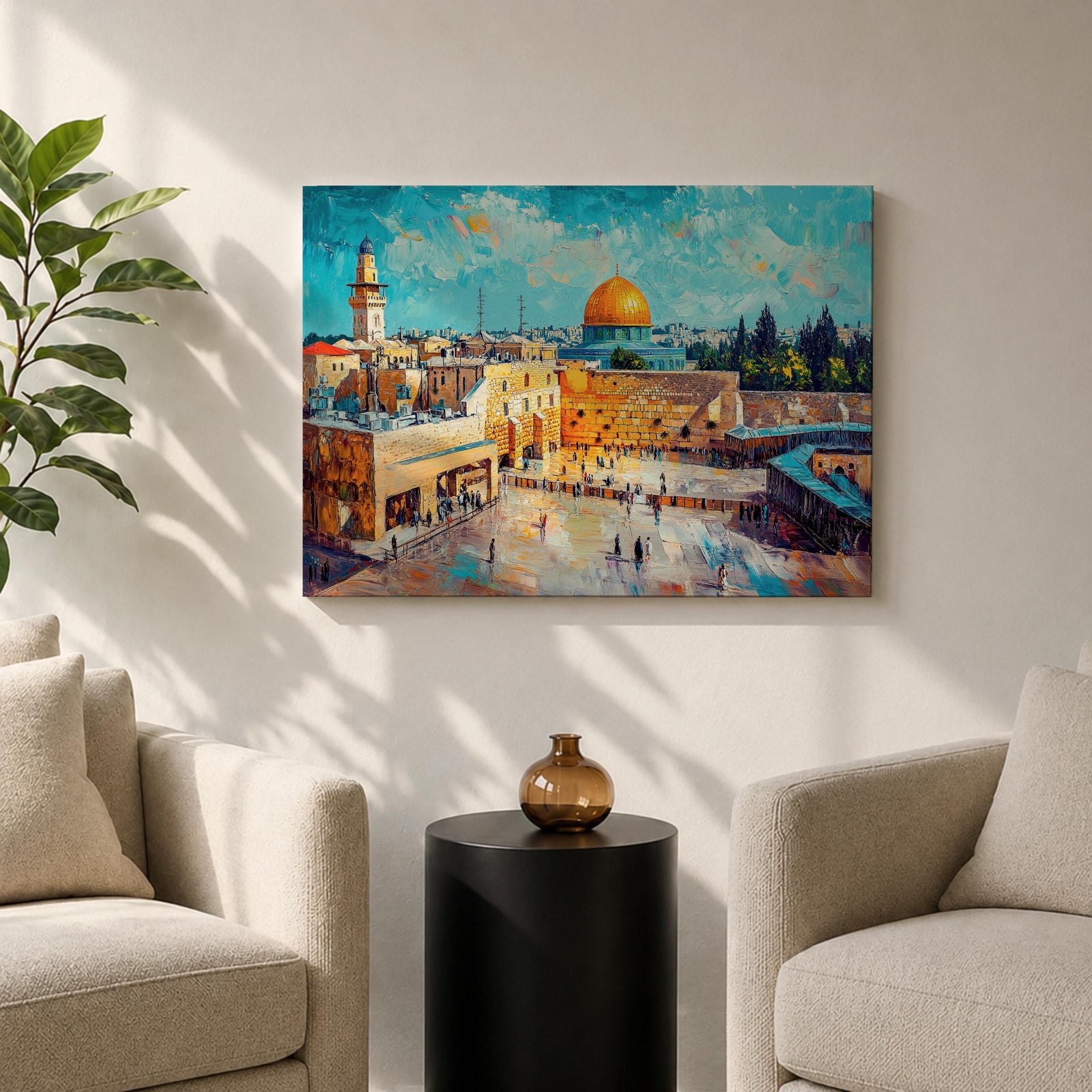 Impasto style painting depicting the Dome of the Rock with its golden dome rising above the Temple Mount in Jerusalem, surrounded by historic stone buildings, courtyards, and mosque structures, rendered with expressive textured brush strokes and a vivid blue sky highlighting the Masjid Al Aqsa complex skyline.