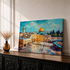 Impasto style painting depicting the Dome of the Rock with its golden dome rising above the Temple Mount in Jerusalem, surrounded by historic stone buildings, courtyards, and mosque structures, rendered with expressive textured brush strokes and a vivid blue sky highlighting the Masjid Al Aqsa complex skyline.