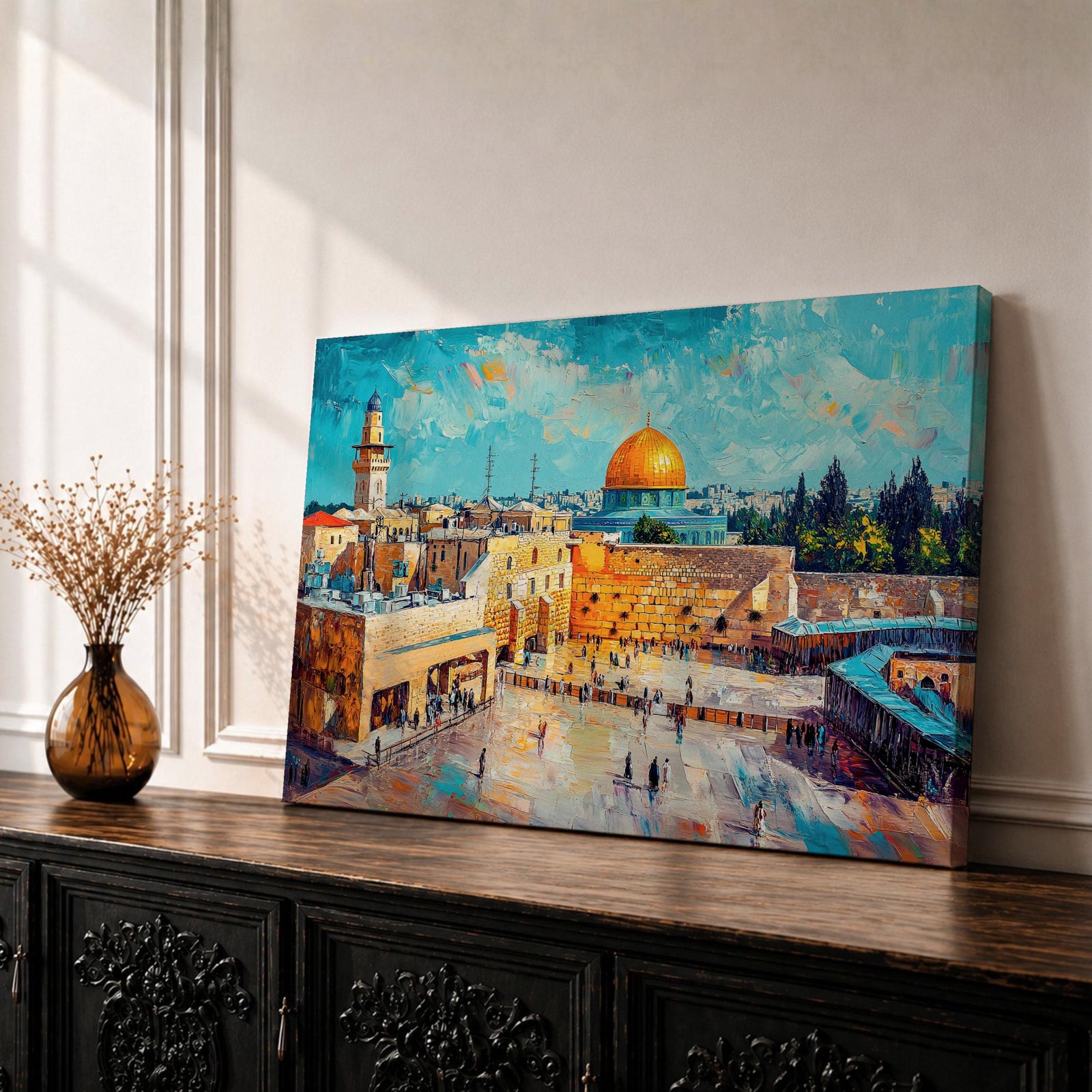Impasto style painting depicting the Dome of the Rock with its golden dome rising above the Temple Mount in Jerusalem, surrounded by historic stone buildings, courtyards, and mosque structures, rendered with expressive textured brush strokes and a vivid blue sky highlighting the Masjid Al Aqsa complex skyline.