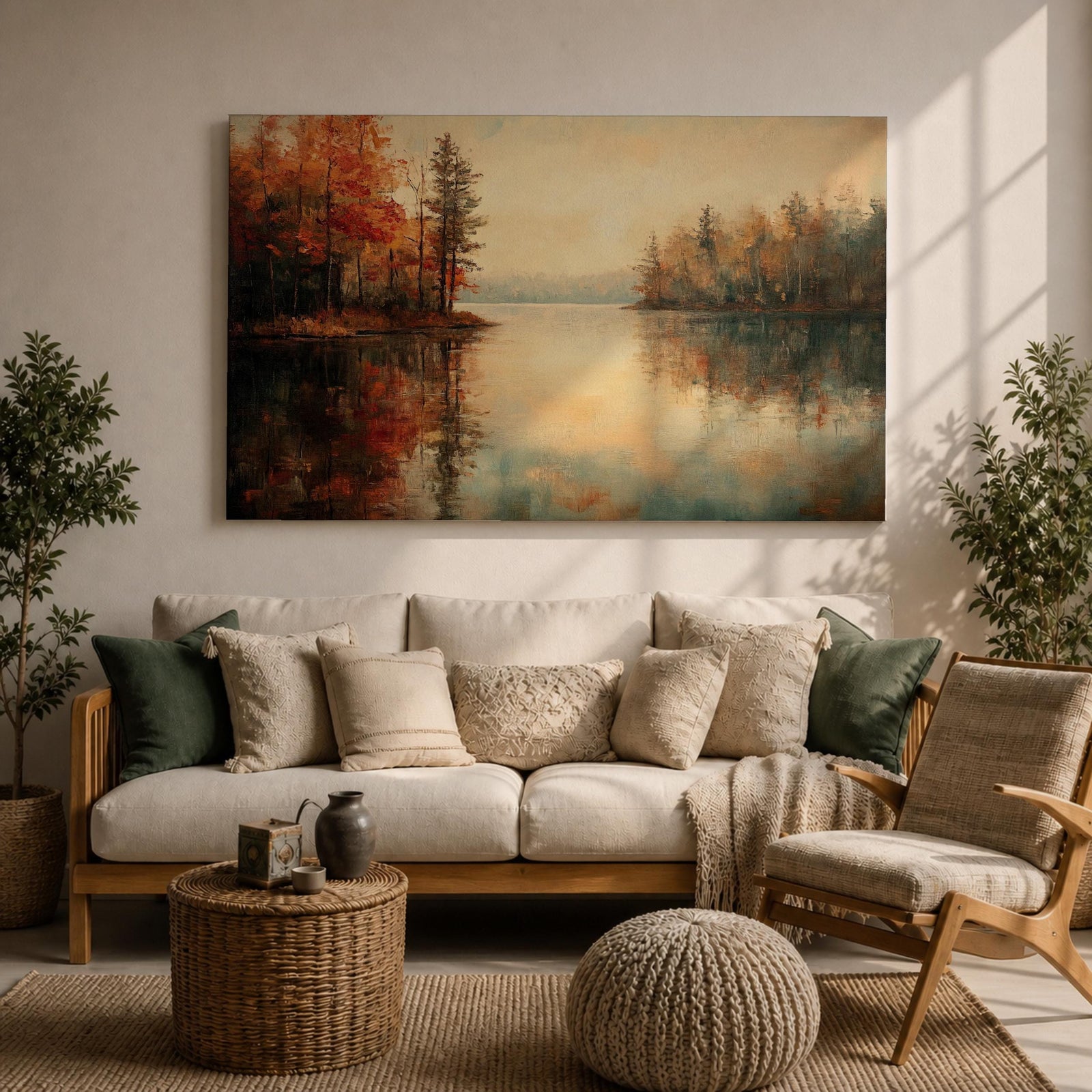 An oil painting of a serene autumn lake scene featuring calm water reflecting trees with vibrant fall foliage in shades of red and orange. The vintage style artwork captures a peaceful lakeside landscape with detailed trees on both sides and a soft, muted sky in the background.