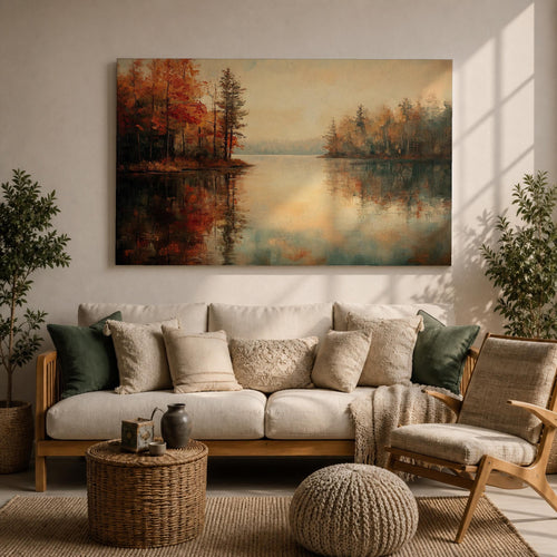 An oil painting of a serene autumn lake scene featuring calm water reflecting trees with vibrant fall foliage in shades of red and orange. The vintage style artwork captures a peaceful lakeside landscape with detailed trees on both sides and a soft, muted sky in the background.