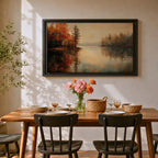 An oil painting of a serene autumn lake scene featuring calm water reflecting trees with vibrant fall foliage in shades of red and orange. The vintage style artwork captures a peaceful lakeside landscape with detailed trees on both sides and a soft, muted sky in the background.
