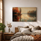 An oil painting of a serene autumn lake scene featuring calm water reflecting trees with vibrant fall foliage in shades of red and orange. The vintage style artwork captures a peaceful lakeside landscape with detailed trees on both sides and a soft, muted sky in the background.