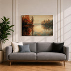 An oil painting of a serene autumn lake scene featuring calm water reflecting trees with vibrant fall foliage in shades of red and orange. The vintage style artwork captures a peaceful lakeside landscape with detailed trees on both sides and a soft, muted sky in the background.