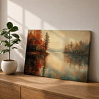 An oil painting of a serene autumn lake scene featuring calm water reflecting trees with vibrant fall foliage in shades of red and orange. The vintage style artwork captures a peaceful lakeside landscape with detailed trees on both sides and a soft, muted sky in the background.