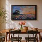 An impasto style painting depicting a vibrant sunset over a floral field filled with colorful wildflowers and textured brushstrokes, featuring a distant tree silhouette under a dynamic sky blending warm and cool tones.