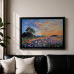 An impasto style painting depicting a vibrant sunset over a floral field filled with colorful wildflowers and textured brushstrokes, featuring a distant tree silhouette under a dynamic sky blending warm and cool tones.