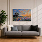 An impasto style painting depicting a vibrant sunset over a floral field filled with colorful wildflowers and textured brushstrokes, featuring a distant tree silhouette under a dynamic sky blending warm and cool tones.