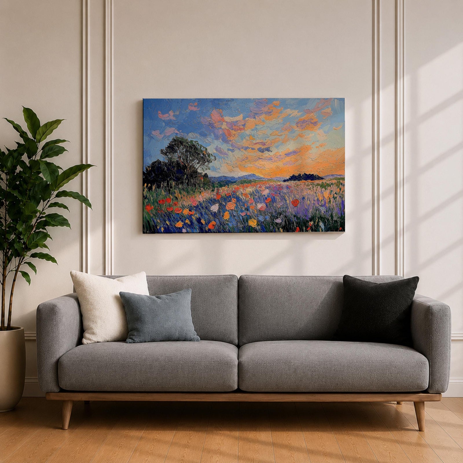 An impasto style painting depicting a vibrant sunset over a floral field filled with colorful wildflowers and textured brushstrokes, featuring a distant tree silhouette under a dynamic sky blending warm and cool tones.